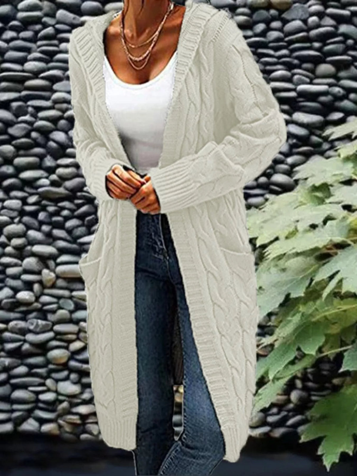 Hooded Cable Knit Longline Cardigan in white