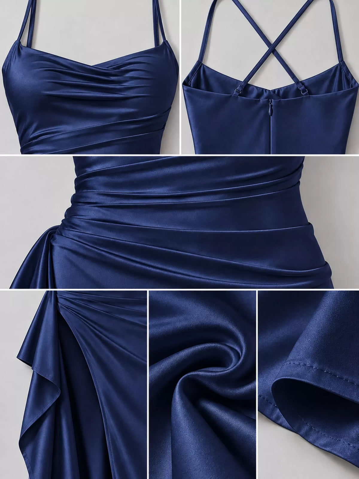 Navy satin ruched high slit maxi dress, detail view