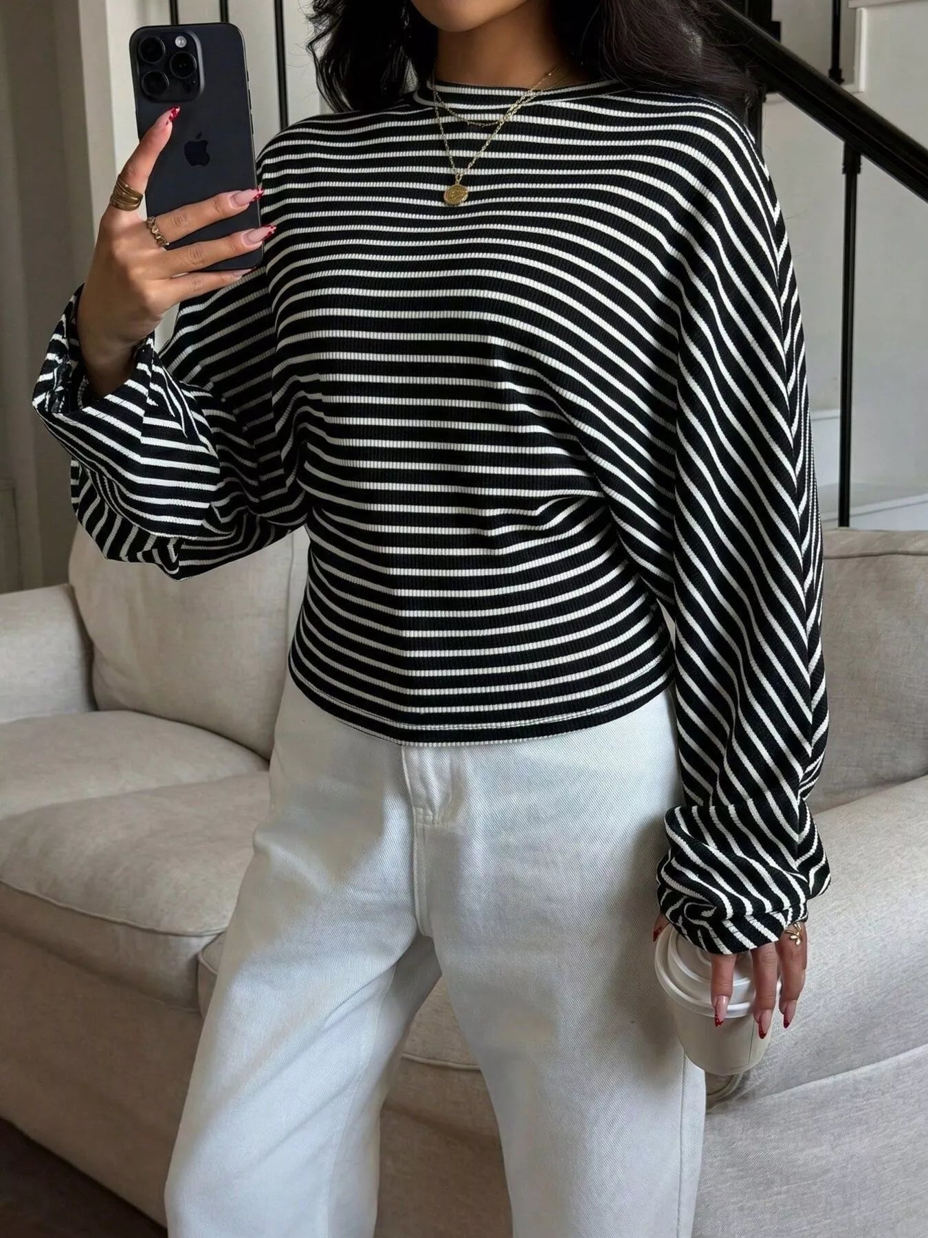 Trendsi Casual Striped Batwing Sleeve T-Shirt -