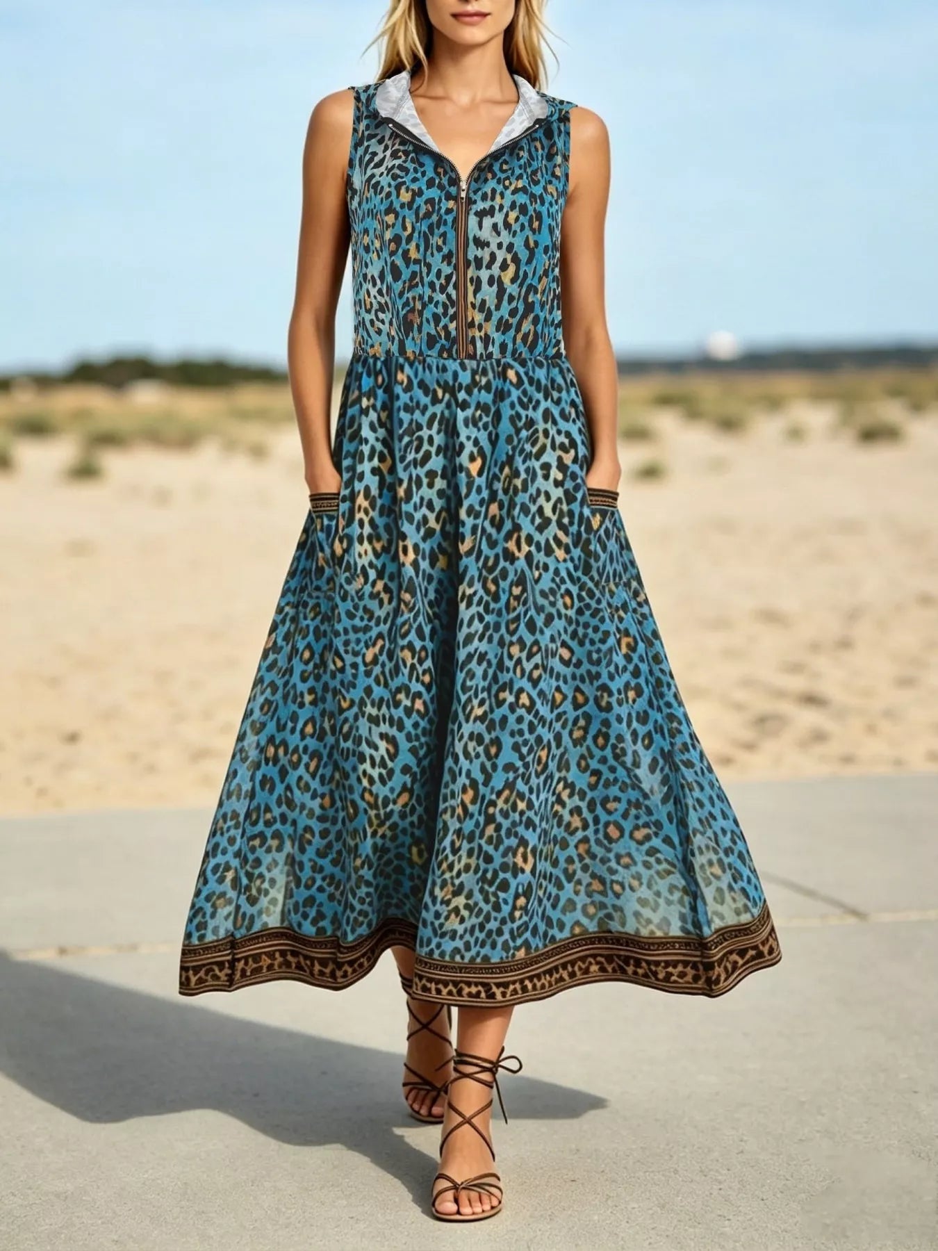 Trendsi Leopard Zip Front Hooded Dress -