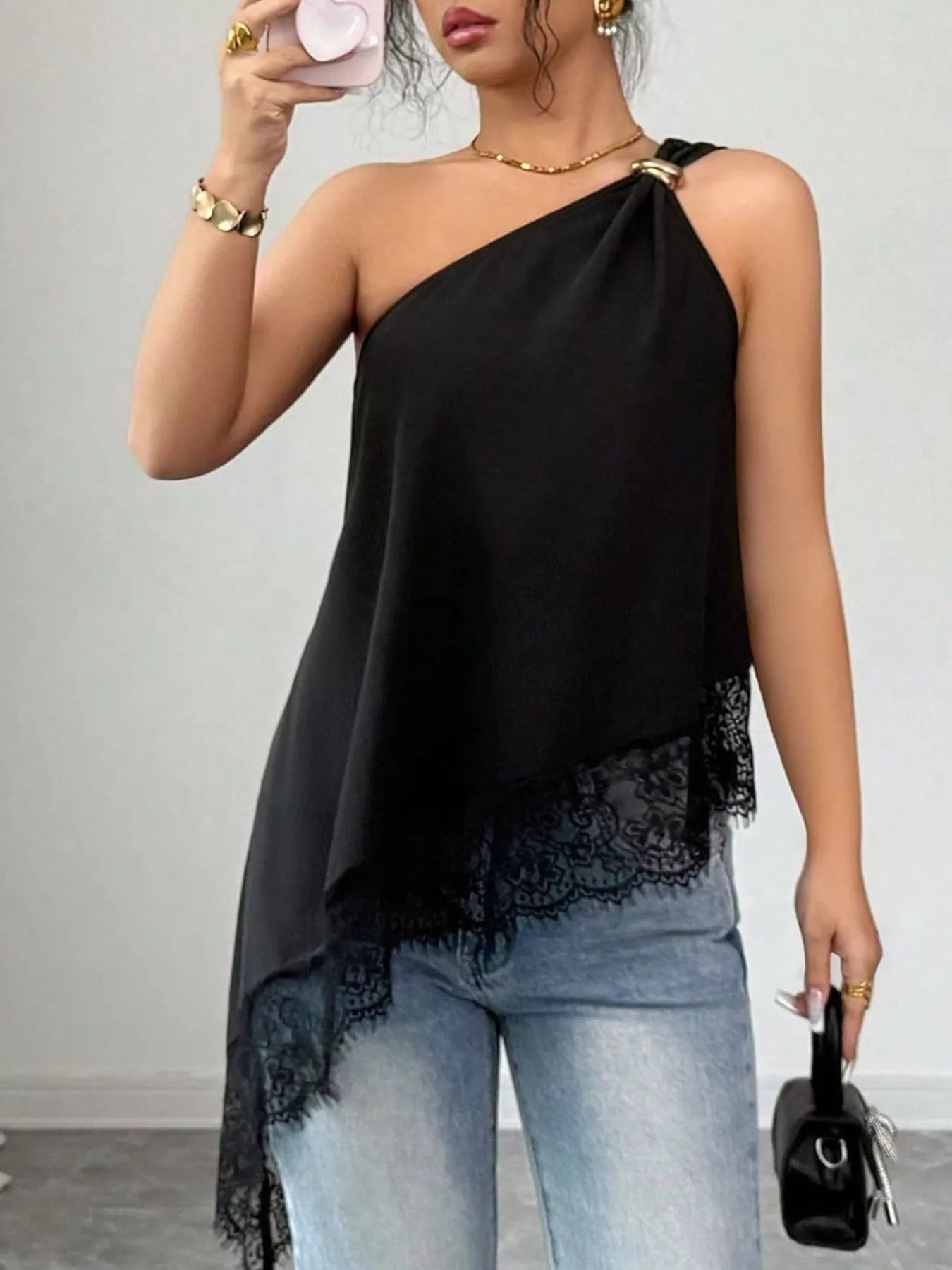 Trendsi Asymmetrical One-Shoulder Lace Trim Cami -