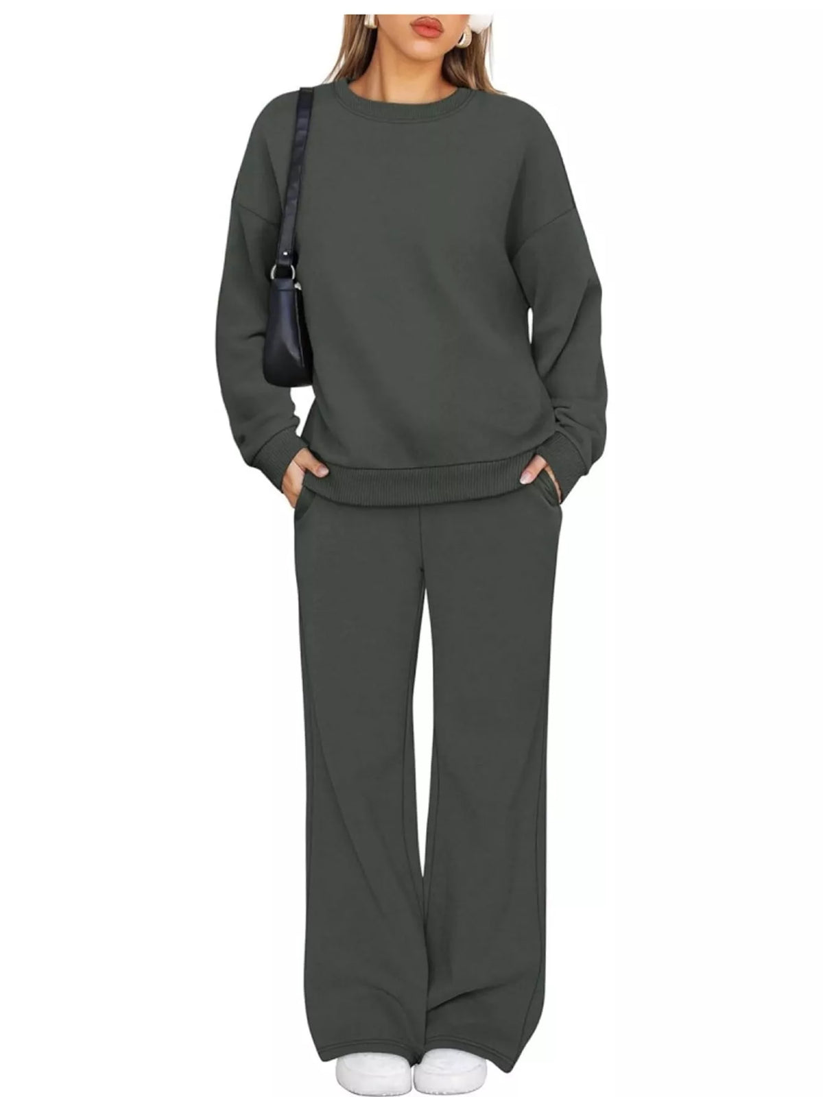 Crewneck Drop Shoulder Sweatshirt and Wide-Leg Pants Set — front view