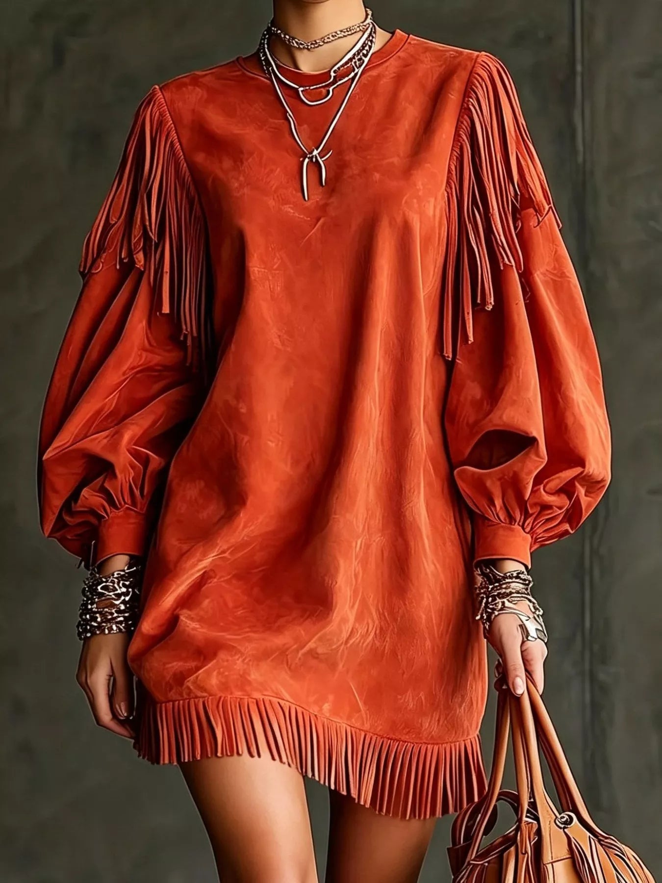 Trendsi Fringe Detail Lantern Sleeve Mini Dress -
