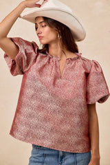 Trendsi BiBi Jacquard Woven Short Balloon Sleeves V Neck Top -