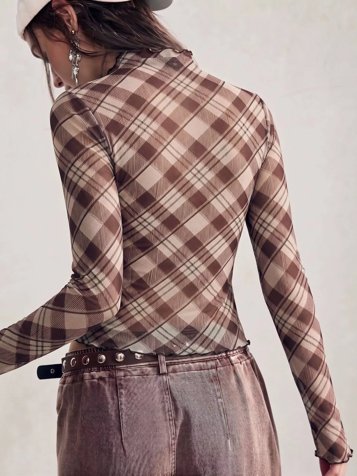 Brown sheer plaid mock-neck top, back view