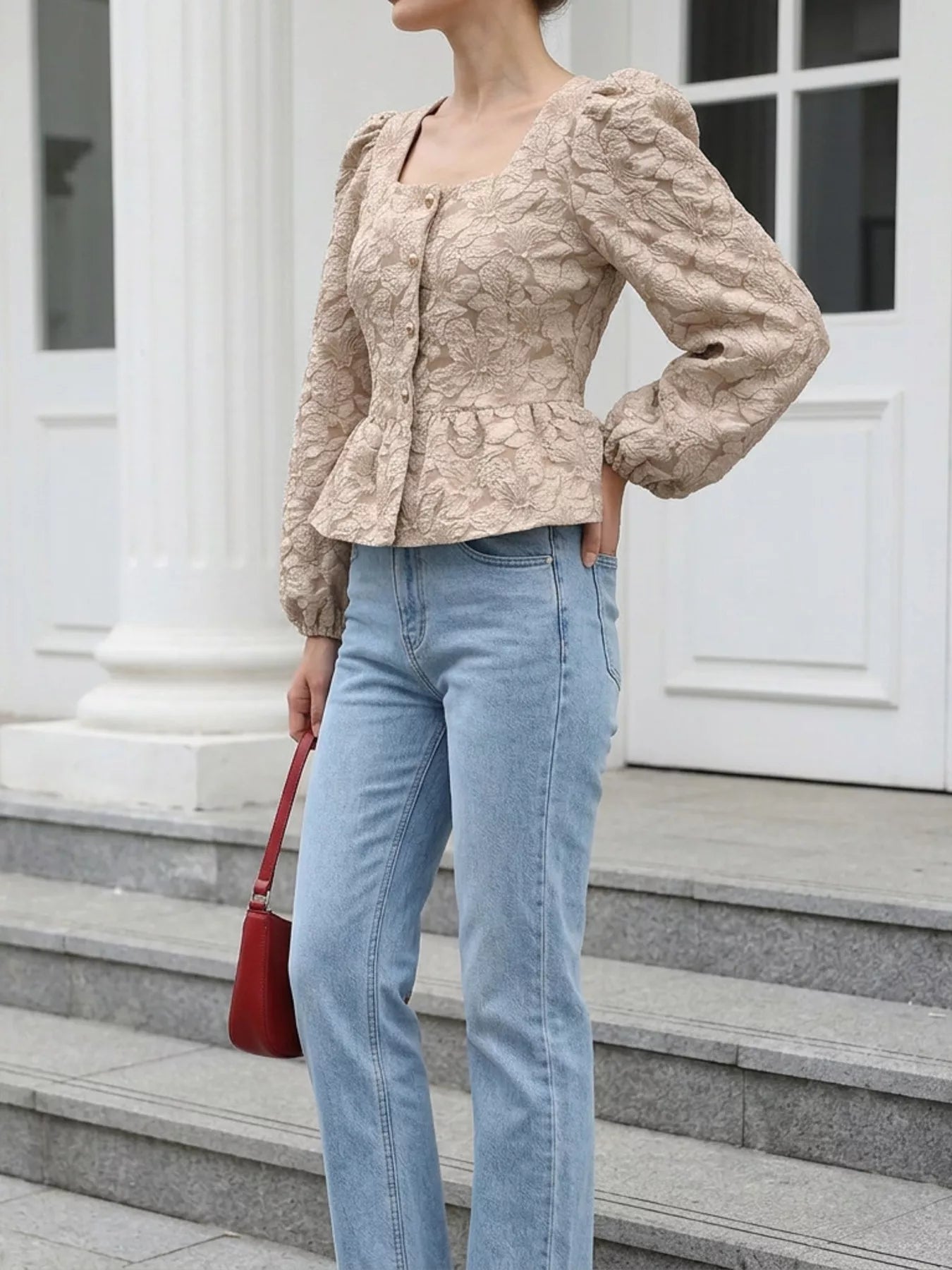 Trendsi Square Neck Textured Peplum Blouse -