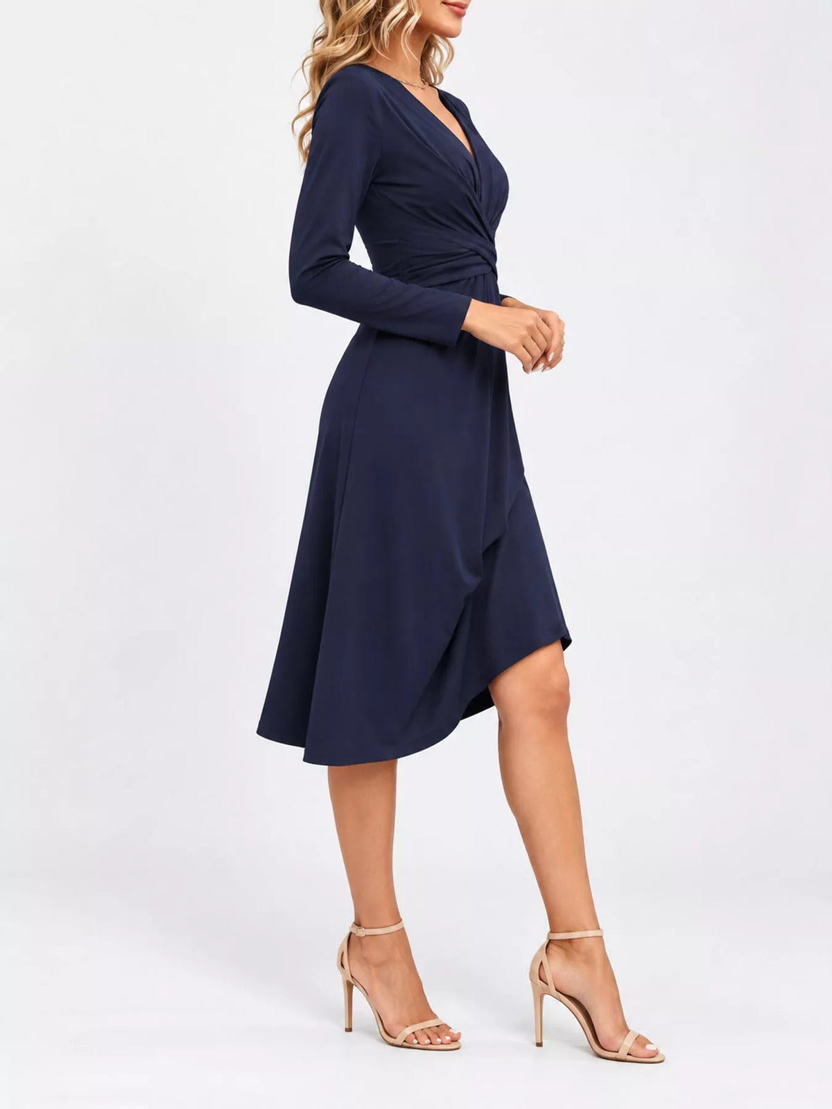 Navy long sleeve ruched-front midi dress, side view