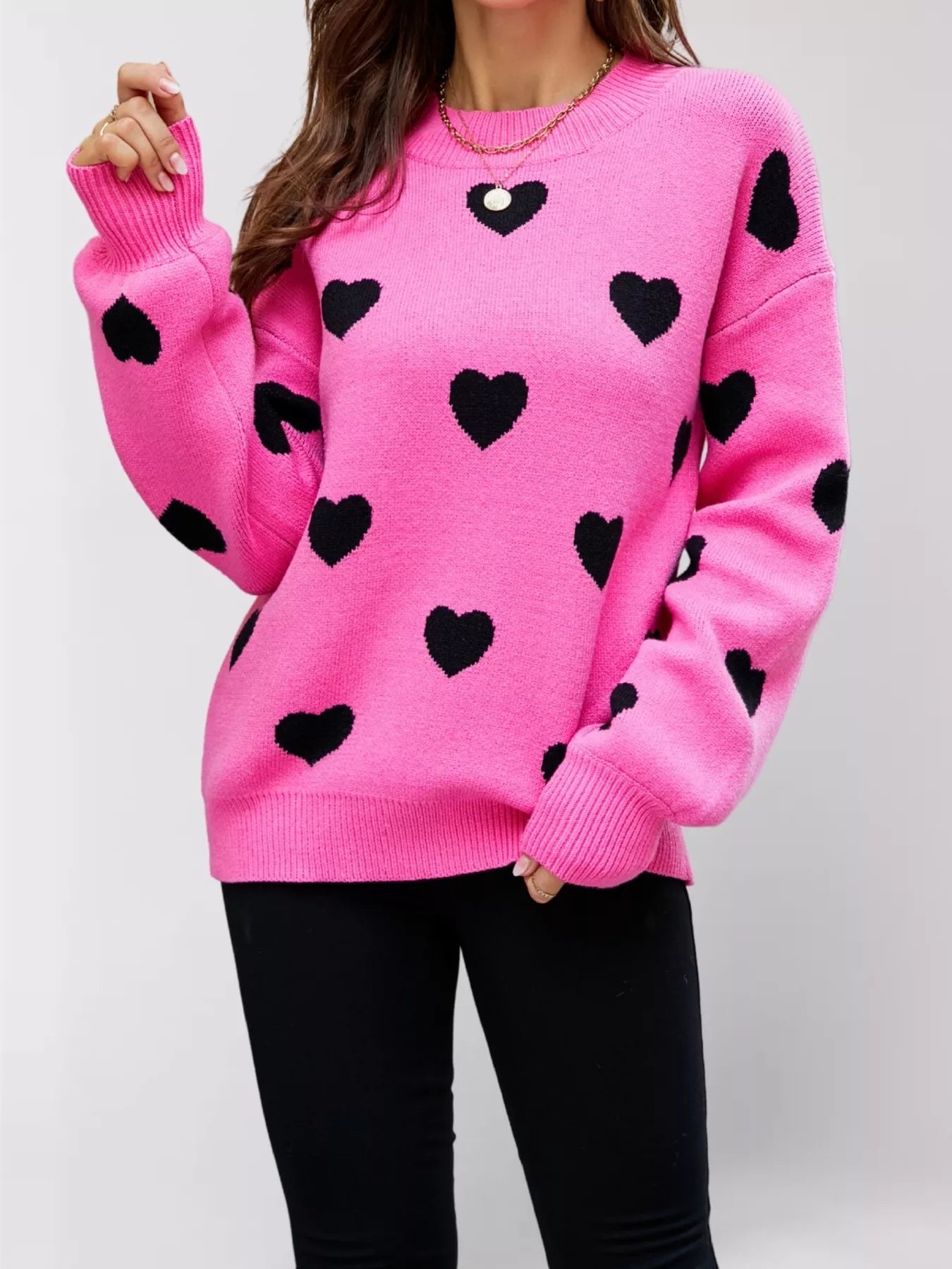 Trendsi Heart-Patterned Dropped Shoulder Sweater -