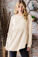 Trendsi Heimish Full Size Round Neck Long Sleeve Ribbed Babydoll Top - Shirts