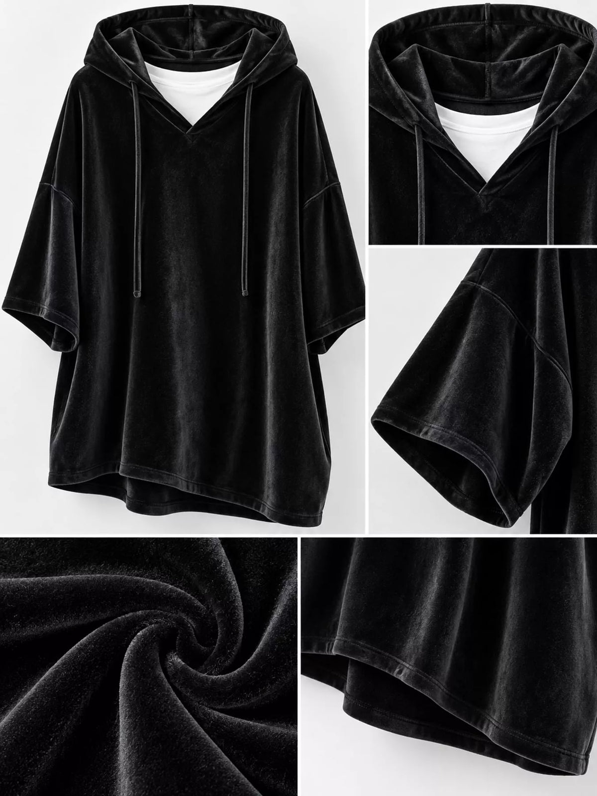 Black velvet half sleeve hoodie with drawstring, hood, short sleeve, hem, and fabric texture