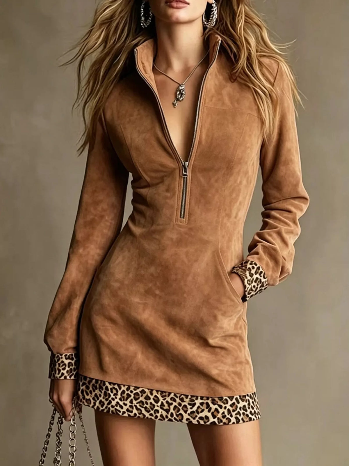 Leopard Trim Half-Zip Mini Dress — front view