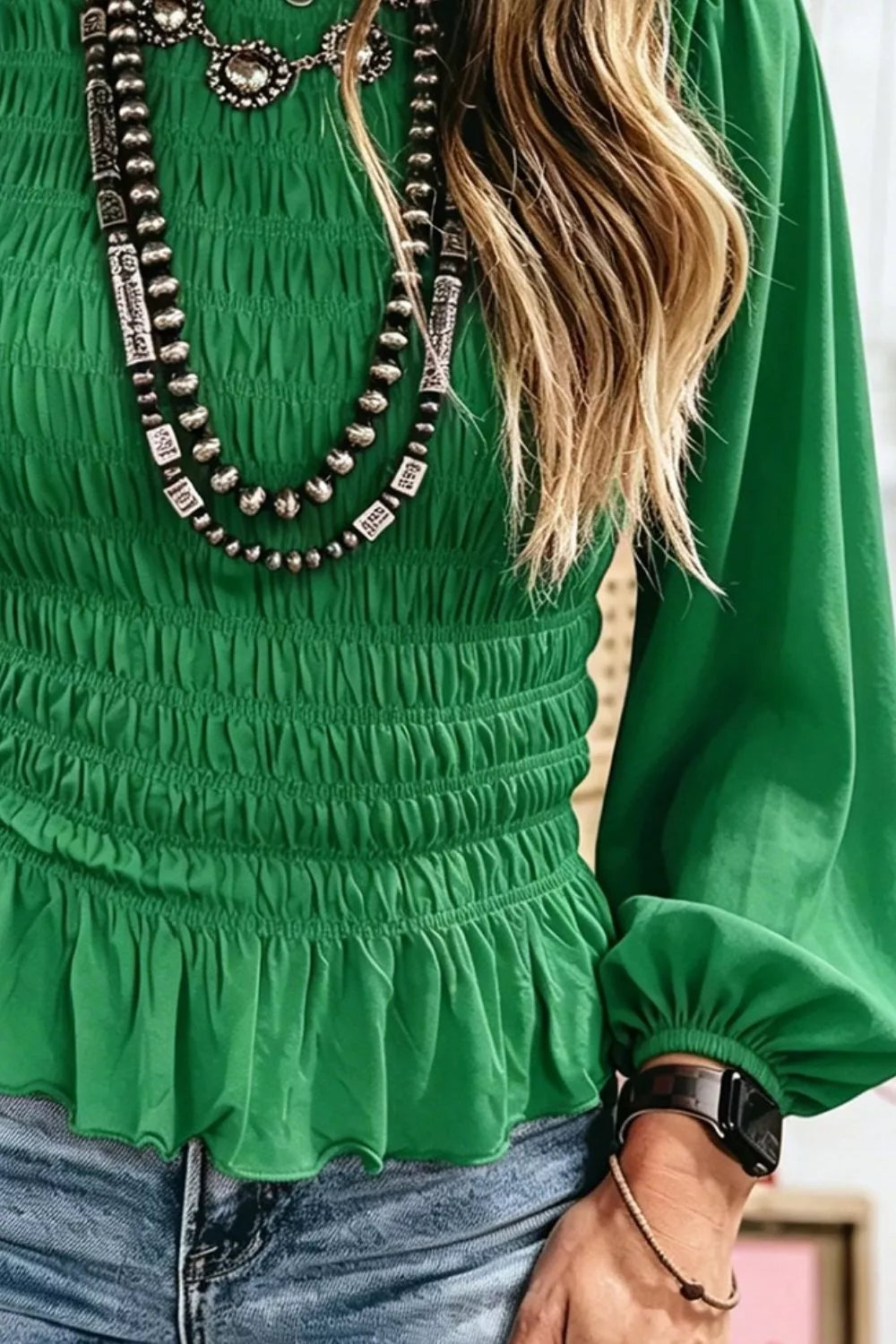 Smocked balloon-sleeve peplum blouse