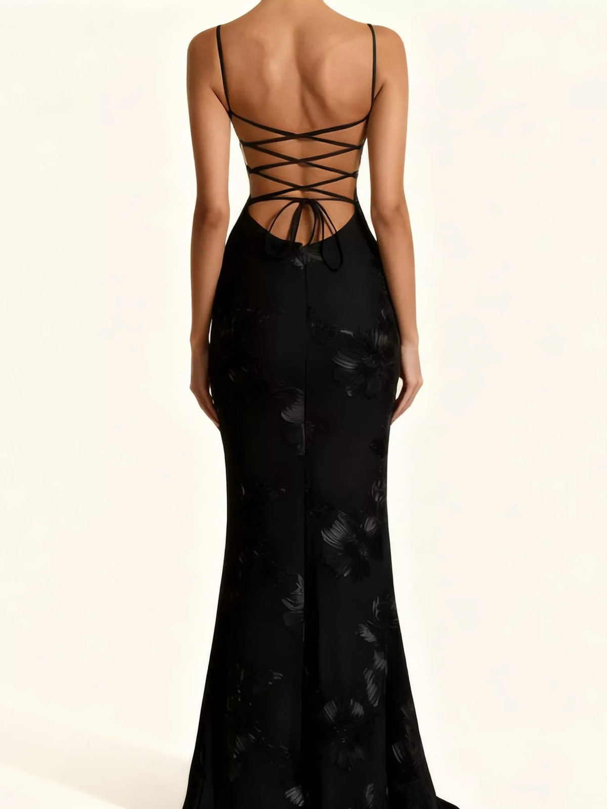Floral spaghetti-strap maxi dress, back view