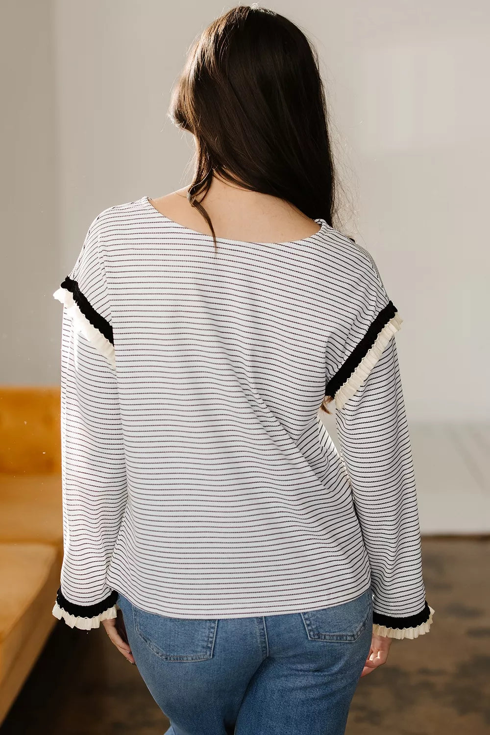 Trendsi Stripe Contrasted Ruffle Trim Loose Long Sleeve Top -