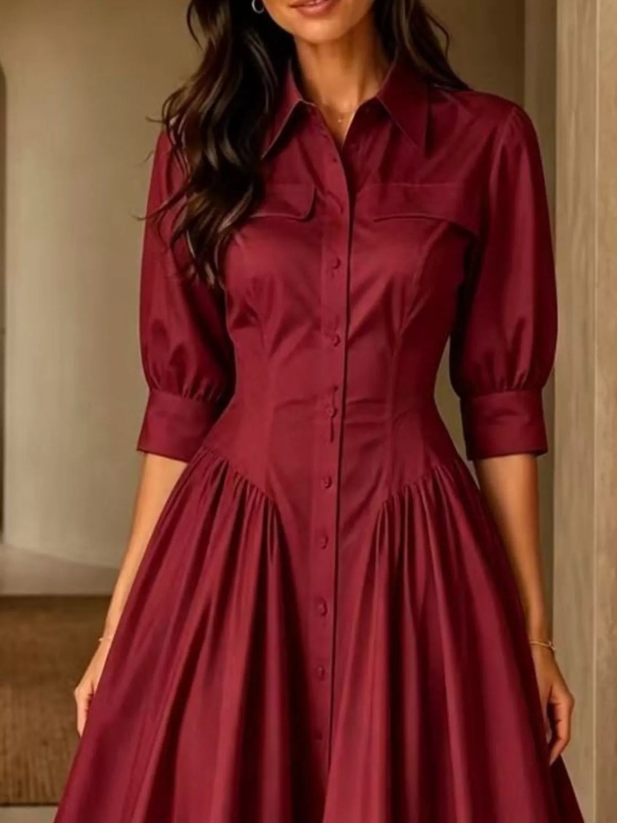 Button-Down Shirt Dress with Cinched Waist, bodice detail