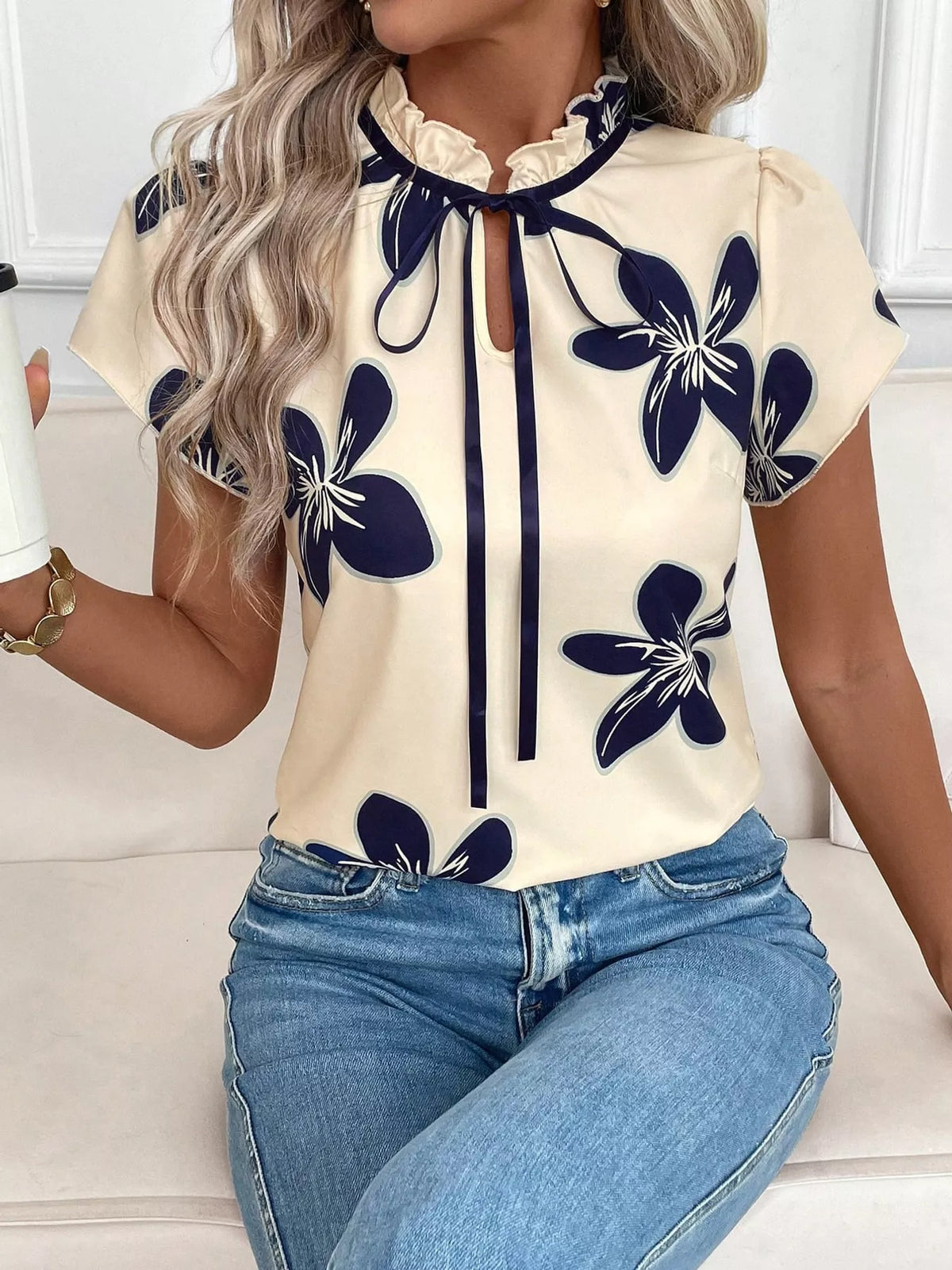 Contrast Trim Ruffle Sleeve Tie-Front Blouse in cream and navy blue