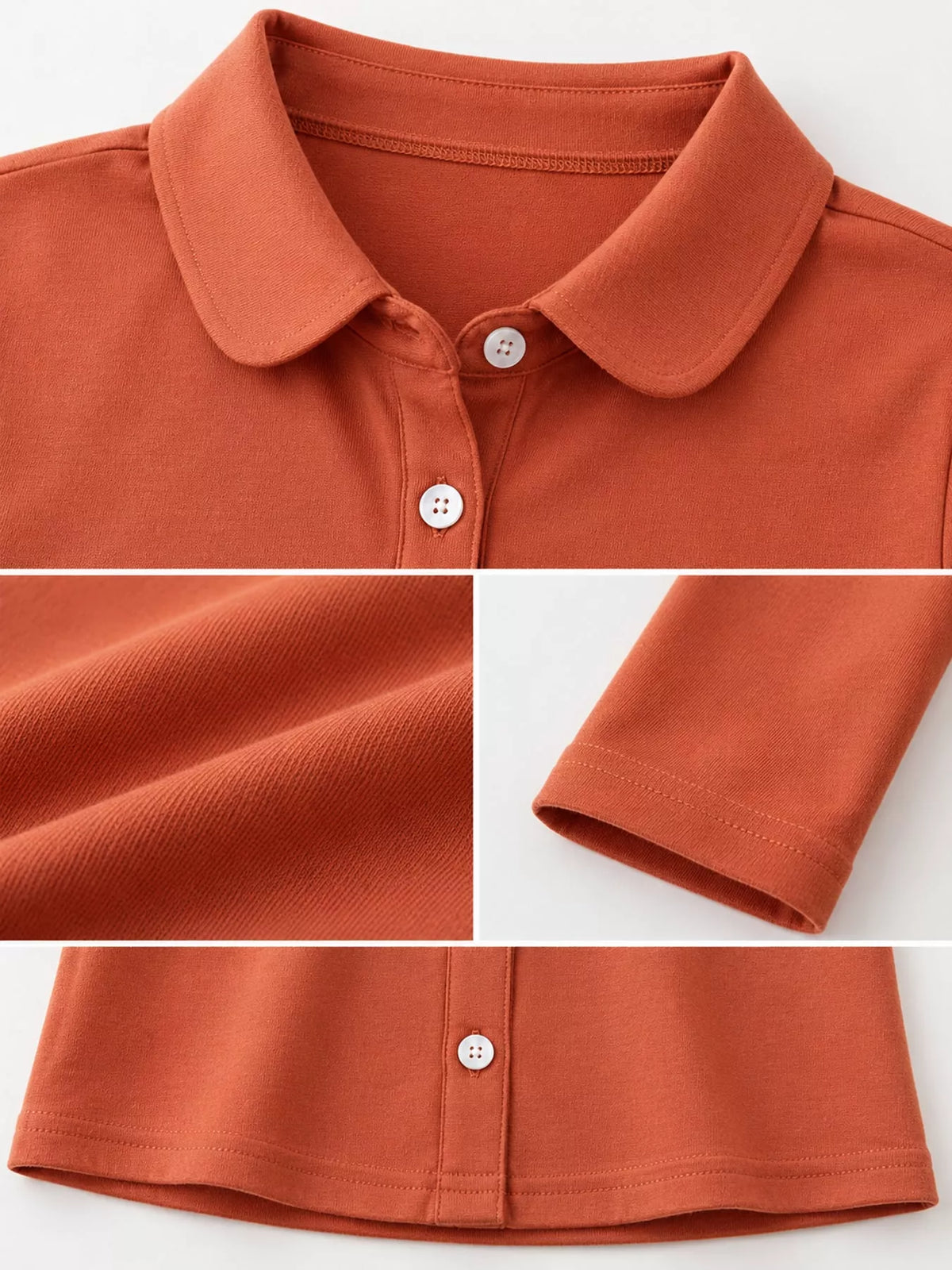 Orange button-down shirt, collar, buttons, sleeve, and hem close-ups