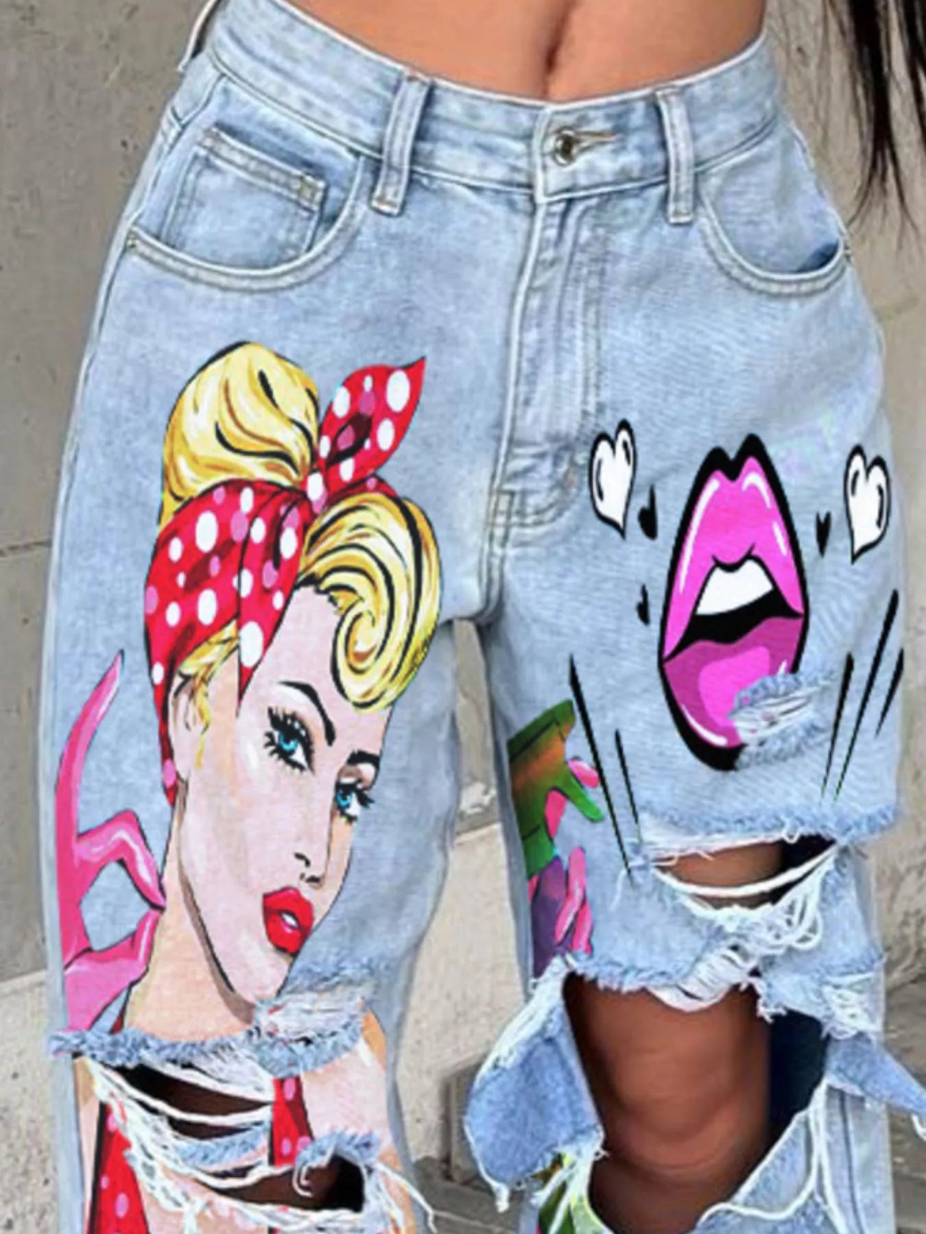 Trendsi Full Size Art Print Distressed Wide-Leg Jeans Plus Size -