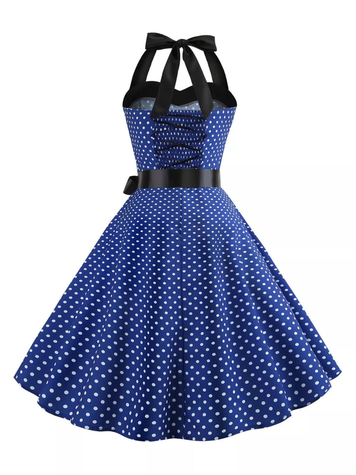Halter neck sleeveless knee dress, back view
