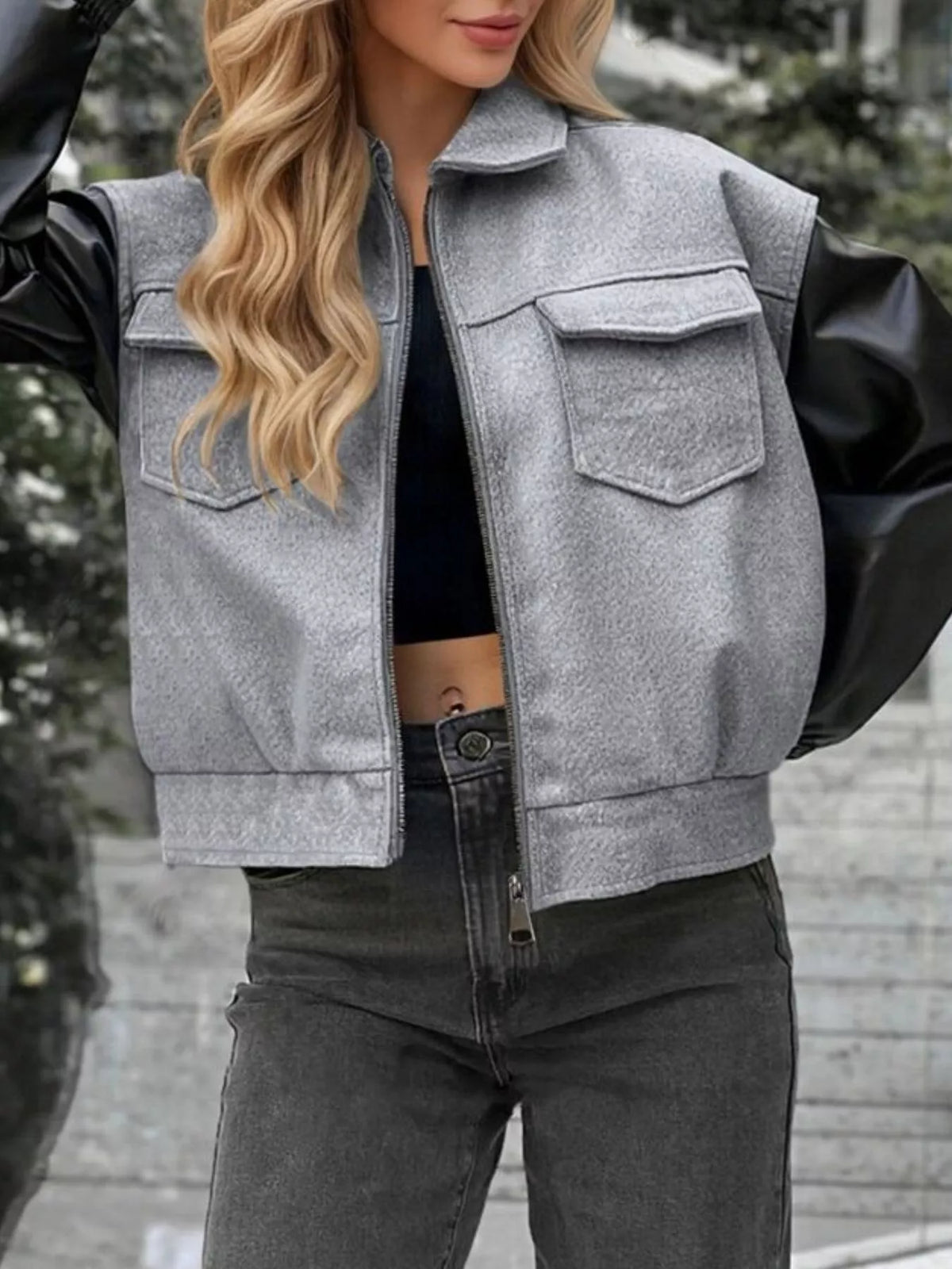 Light Gray Color-Block Zip-Up Jacket with Pockets front view