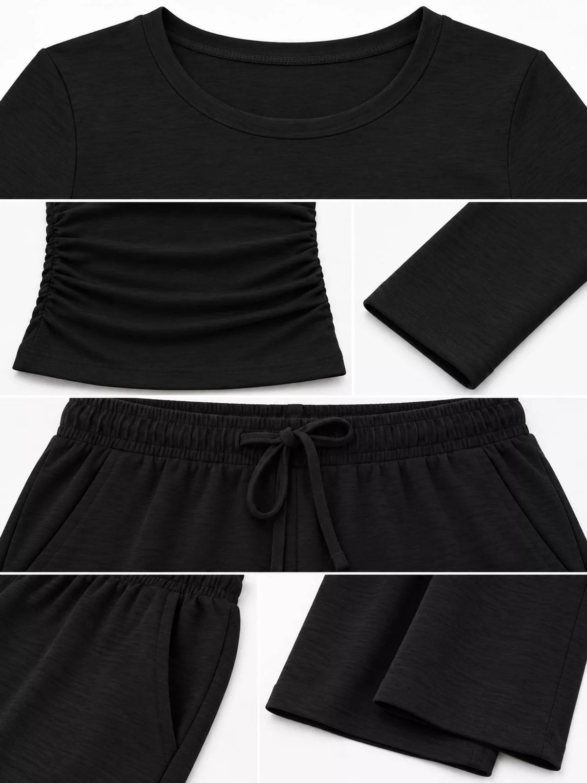 Long Sleeve Ruched Top and Wide-Leg Drawstring Pants Set — construction details
