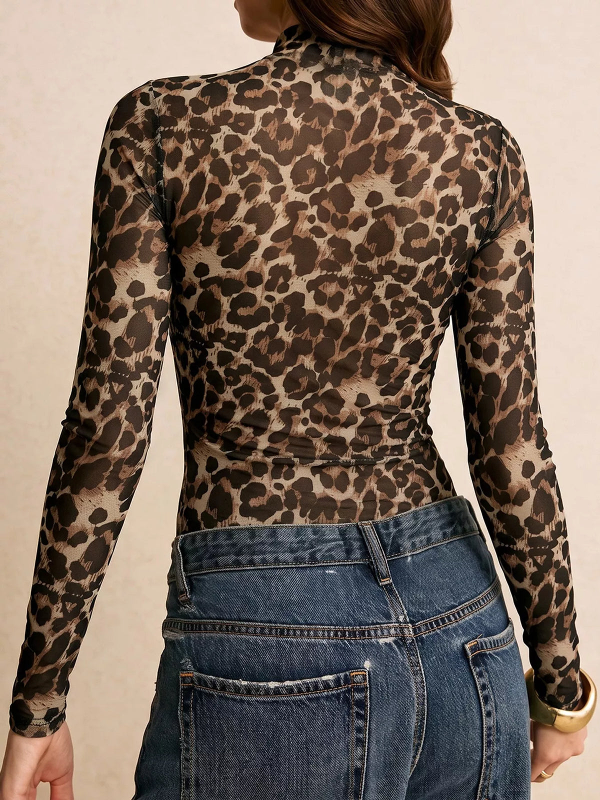 Leopard Print Mesh Long Sleeve Mock Neck Bodysuit — back view