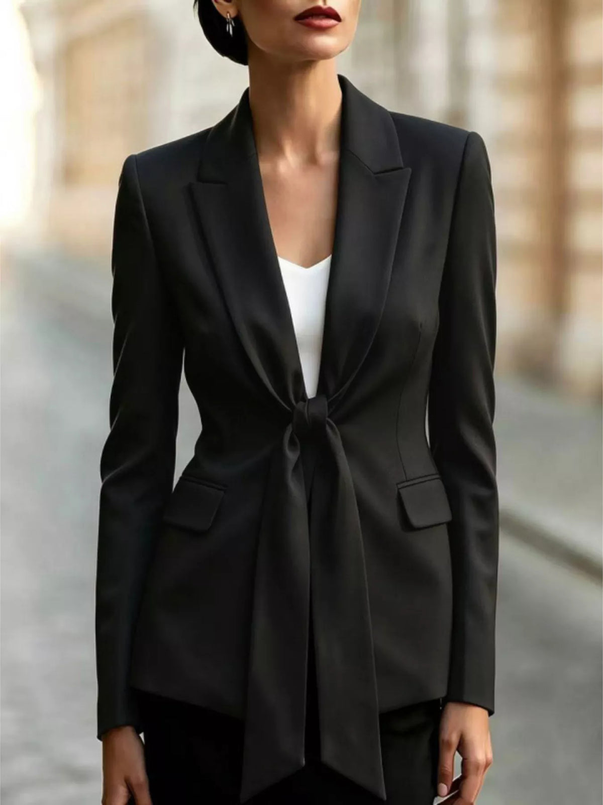 Tie-front lapel collar blazer in black, front view