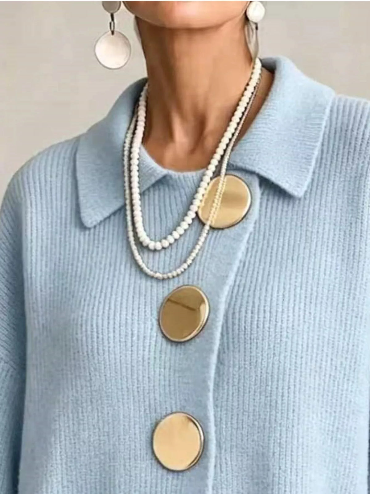 Women's Ribbed Knit Gold Buttons Cardigan in light blue — collar detail view
