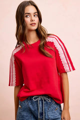 Trendsi BiBi French Terry Side Lace Detail Short Sleeves Top -