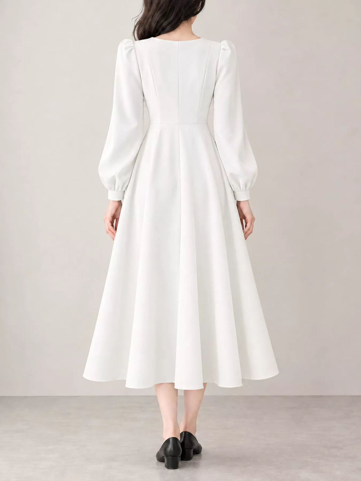 White long sleeve a line midi dress, back view