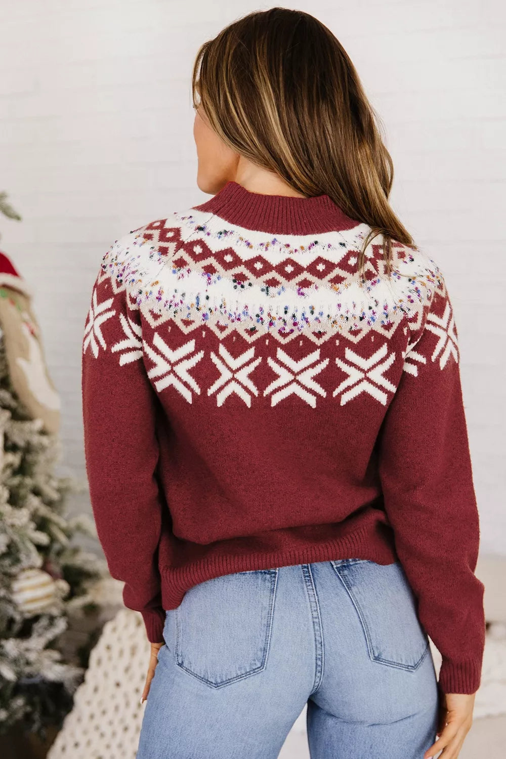 Burgundy Christmas geometric sweater, back styled view