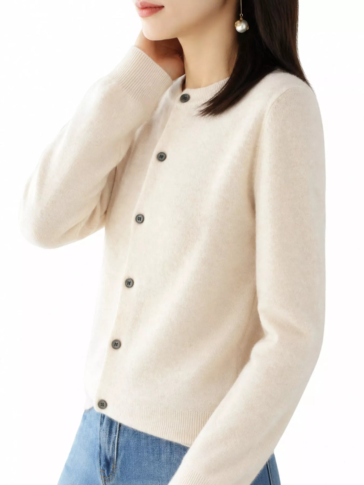 Ivory crew neck button-front cardigan