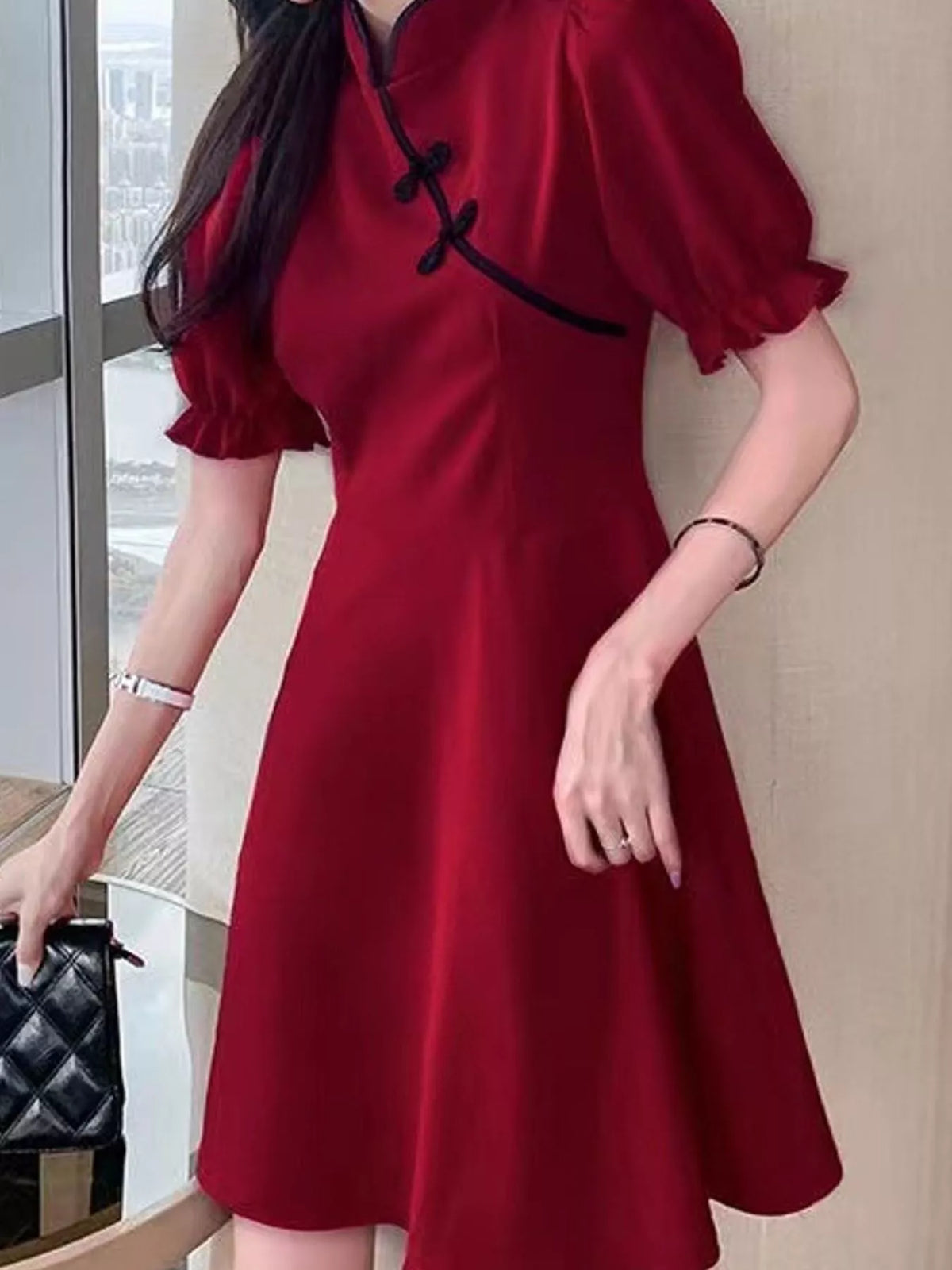 Mandarin neck short sleeve mini dress, front view on model