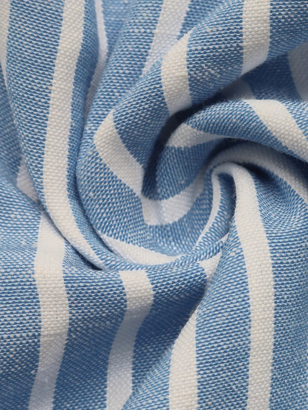 Blue striped long sleeve mini dress, striped fabric close-up