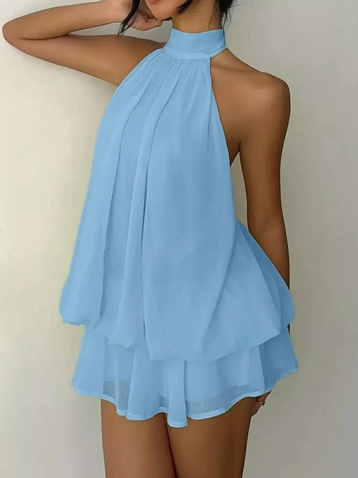 Blue halter neck layered mini dress, halter neckline view