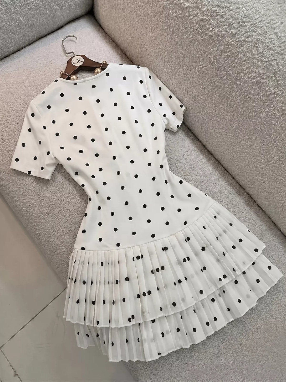 Trendsi Polka Dot Pleated Hem Mini Dress -