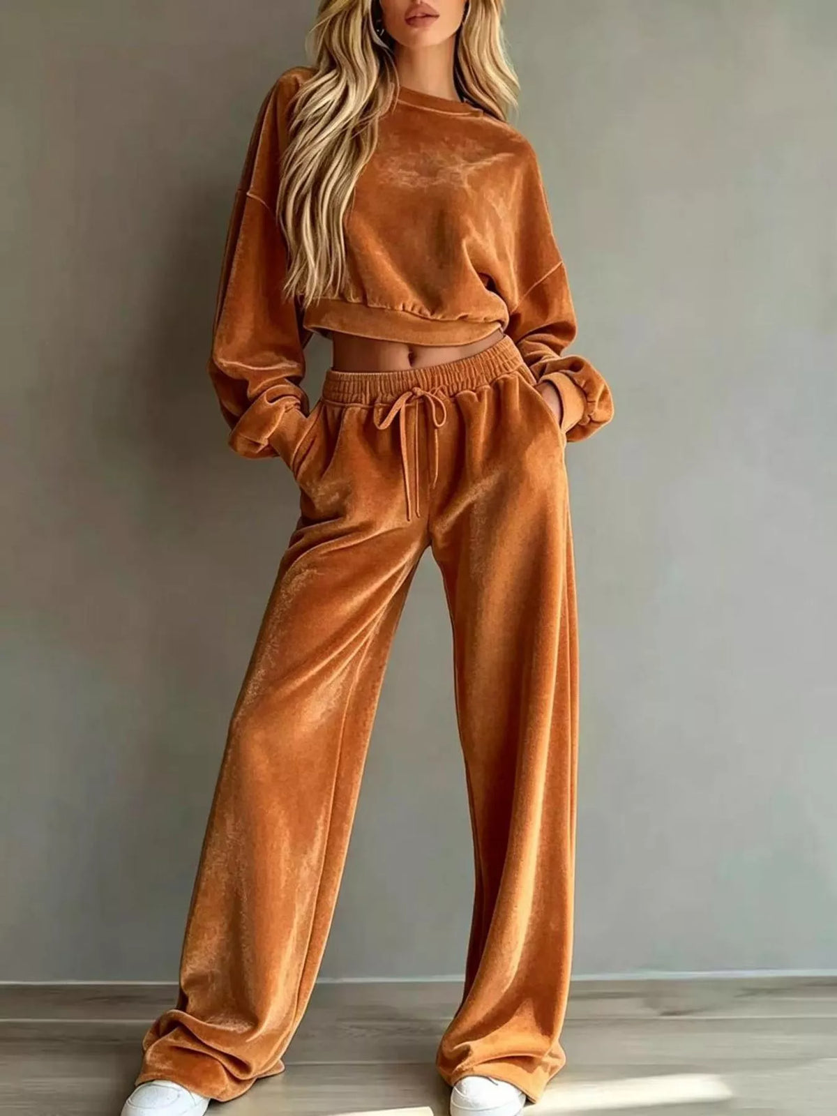 Ochre Cropped Sweatshirt & Wide-Leg Pants Set front view