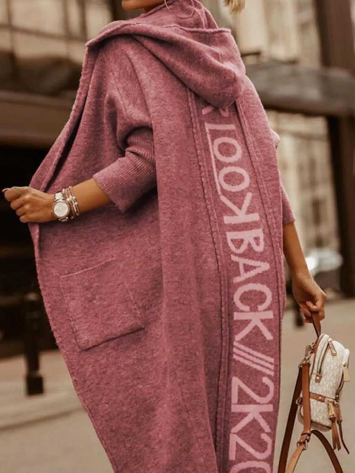 Women's Letter Back Hooded Cardigan in Grey, alternate view