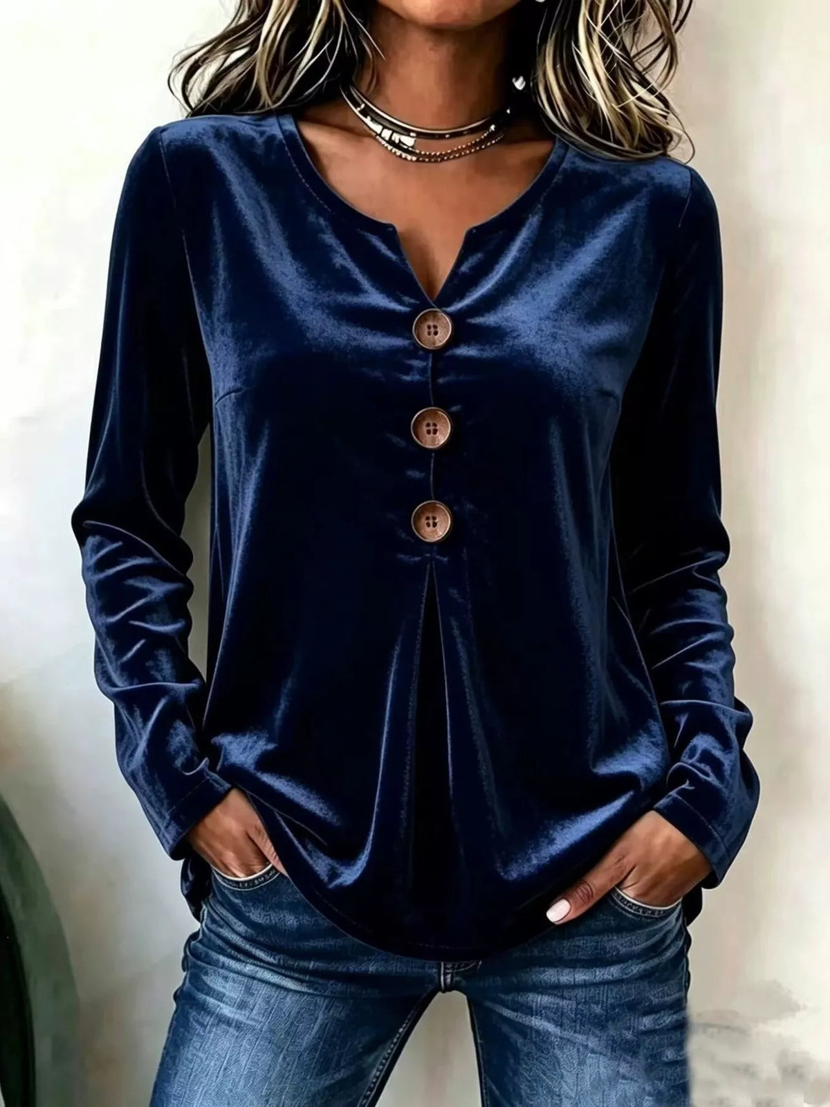 Velvet V-Neck Long Sleeve Button-Decor Blouse, front view