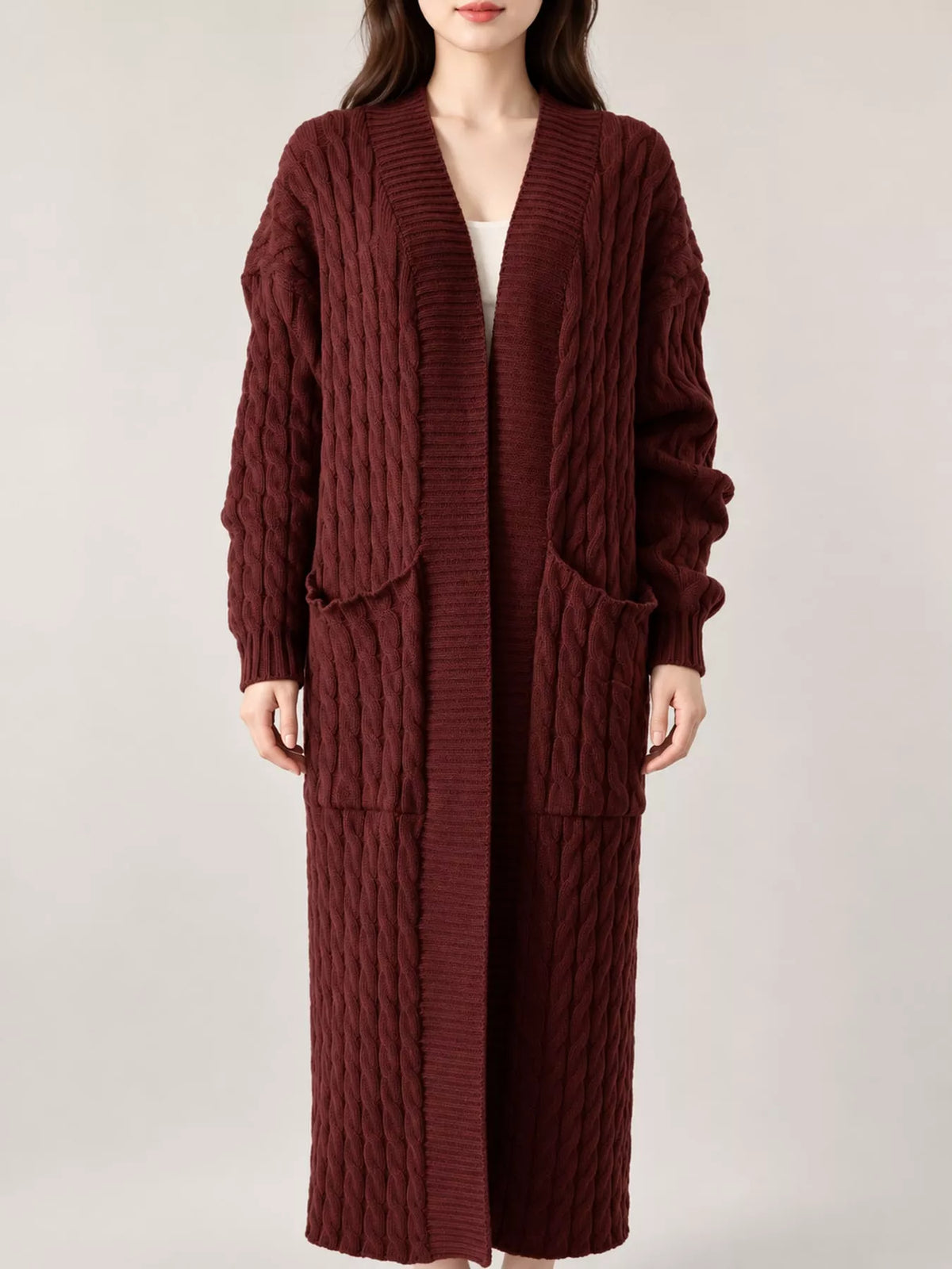 Coffee cable-knit longline open-front cardigan