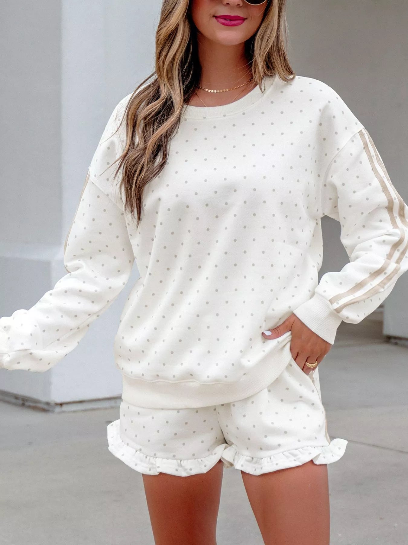 Trendsi Polka Dot Long Sleeve Sweatshirt and Shorts Set -