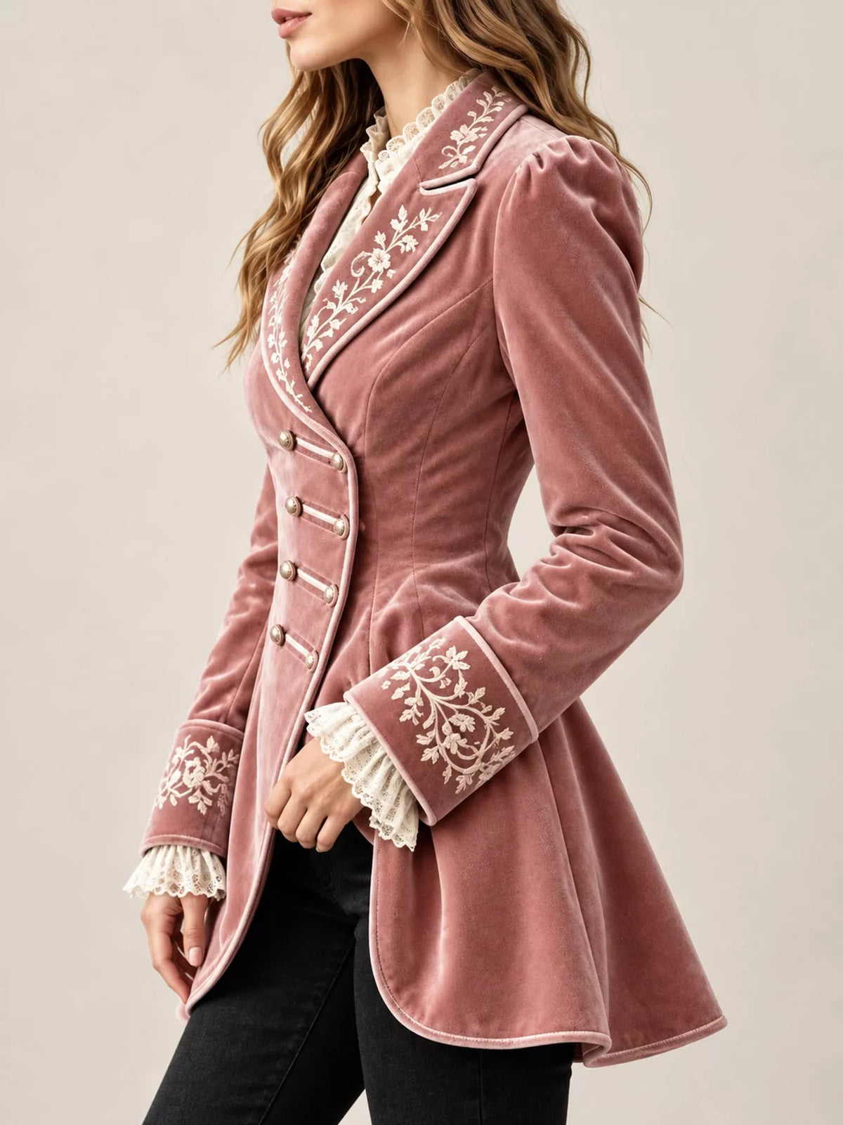 Pink embroidered velvet peplum blazer — side view