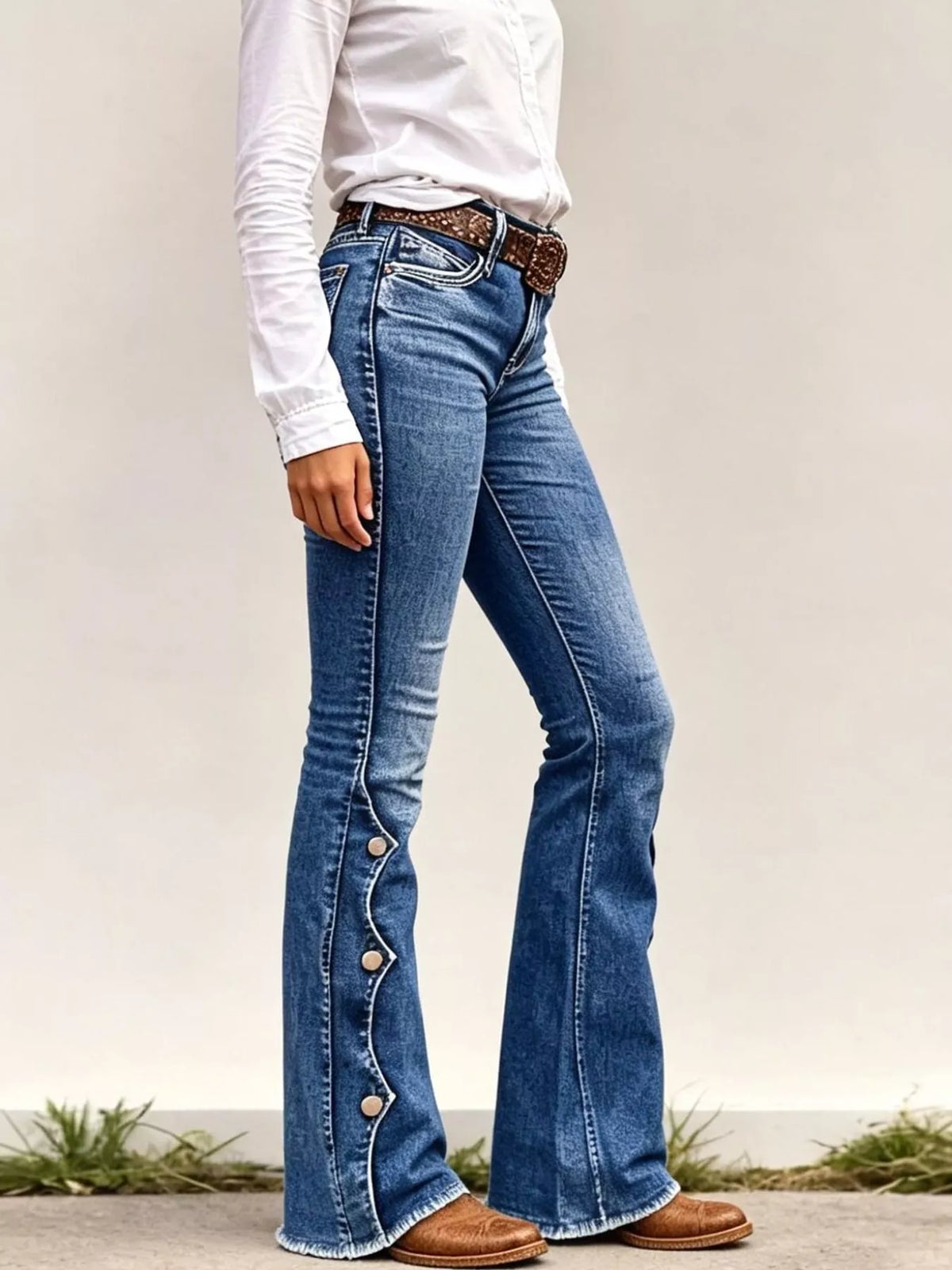 Raw Hem Bootcut Jeans in medium blue, side view