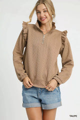 Trendsi Umgee Cable Knit Textured Pullover with Ruffle Shoulders -
