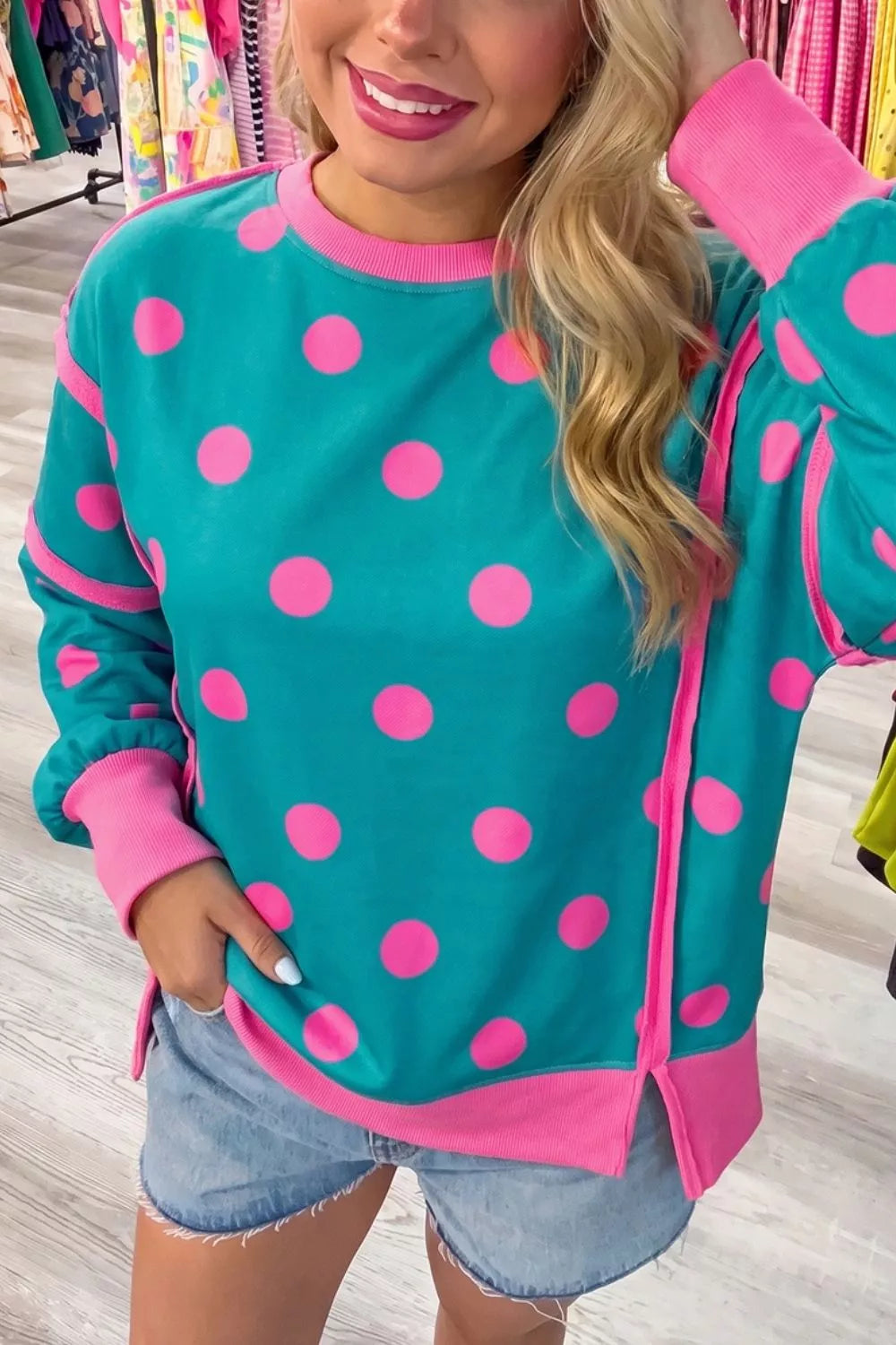 Trendsi Polka Dot Contrast Patchwork Round Neck Baggy Sweatshirt -