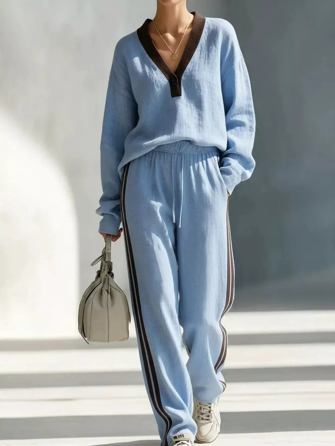 Trendsi Contrast V-Neck Top and Striped Pants Set -