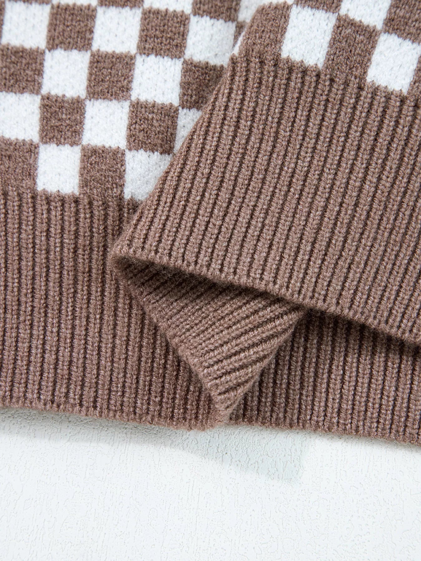 Trendsi Half Button Ribbed Trim Checkerboard Knit Sweater -