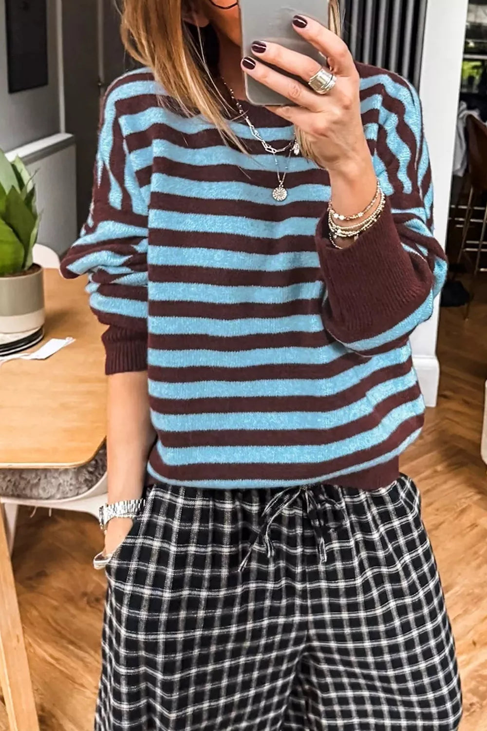 Trendsi Stripe Color Block Loose Crew Neck Cuffed Sweater -