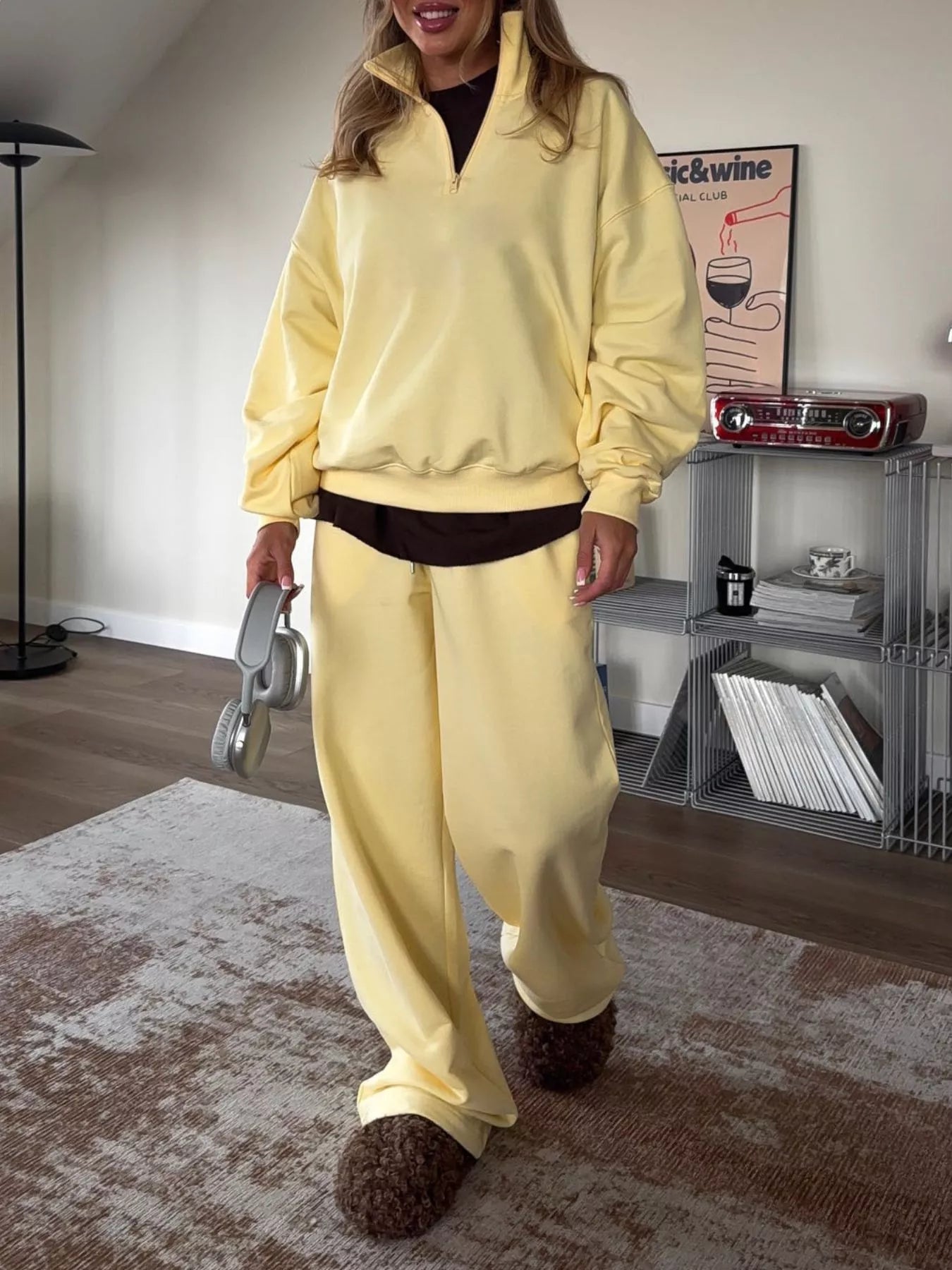Trendsi Quarter-Zip Top and Wide-Leg Sweatpants Set -