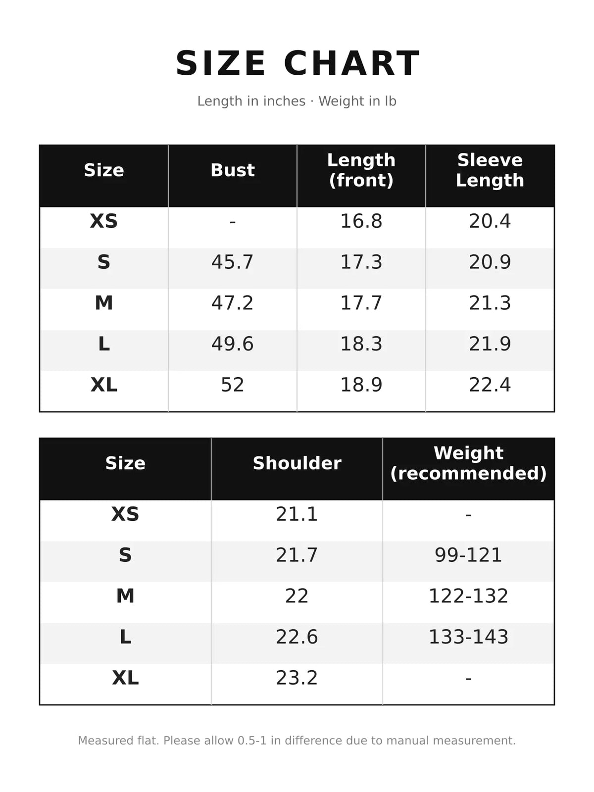 Size chart for faux leather aviator jacket with plush trim